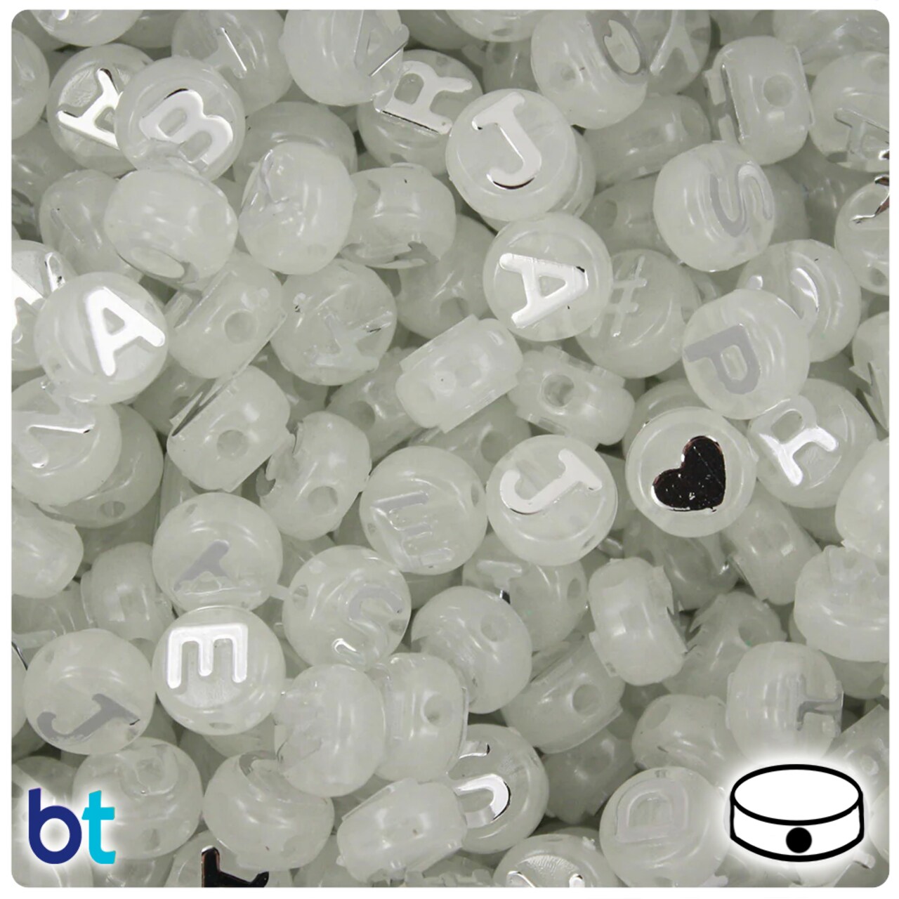 BeadTin Night Glow-in-the-Dark 10mm Coin Alpha Beads - Silver Letter Mix (144pcs)